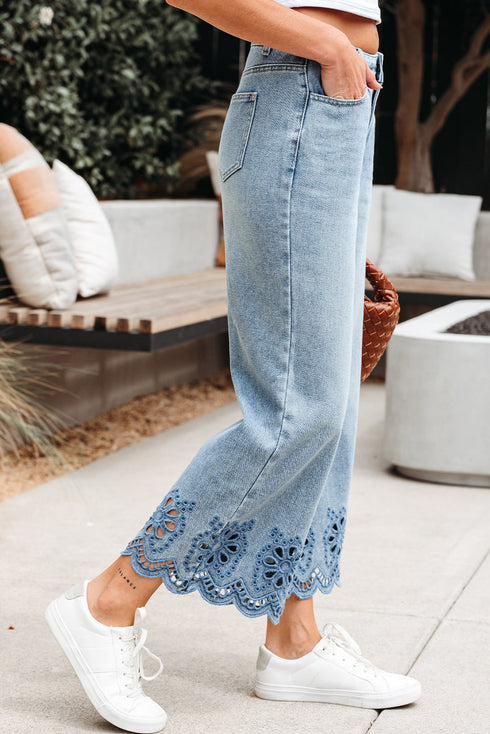 Solid High Waist Embroidered Cropped Wide Leg Jeans