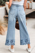 Solid High Waist Embroidered Cropped Wide Leg Jeans