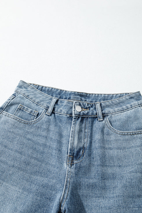 Solid High Waist Embroidered Cropped Wide Leg Jeans
