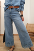 Solid High Waist Embroidered Cropped Wide Leg Jeans