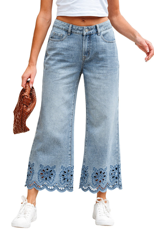 Solid High Waist Embroidered Cropped Wide Leg Jeans