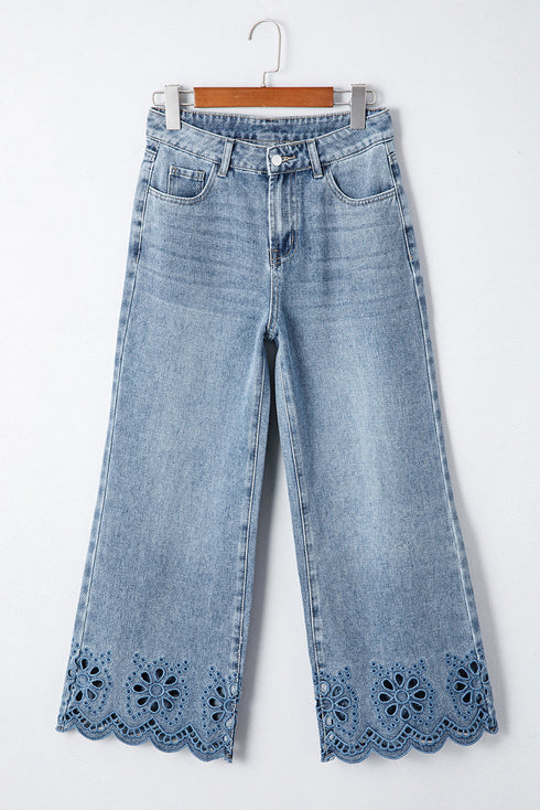 Solid High Waist Embroidered Cropped Wide Leg Jeans