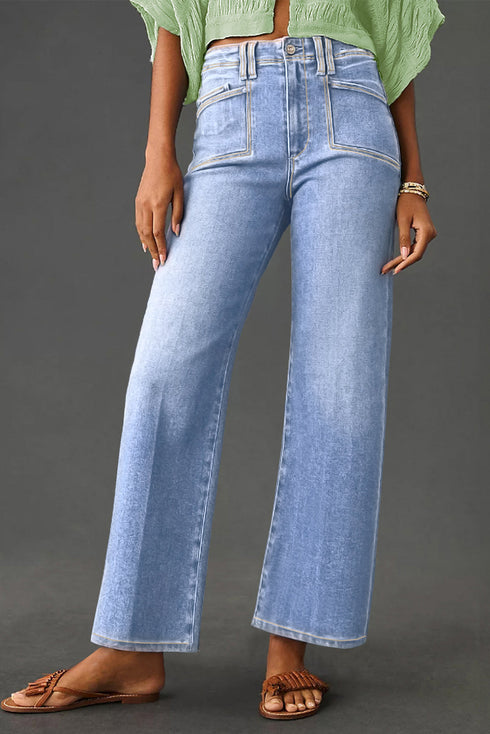 Solid High Waisted Loose Straight Leg Cropped Jeans
