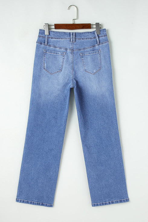Solid High Waisted Loose Straight Leg Cropped Jeans