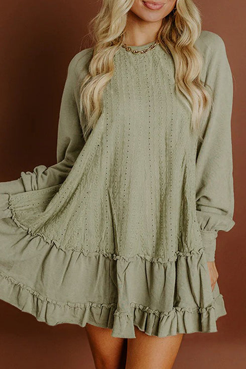 Solid Jacquard Patchwork Frilled Ruffled Long Sleeve Mini Dress