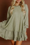 Solid Jacquard Patchwork Frilled Ruffled Long Sleeve Mini Dress