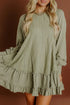 Solid Jacquard Patchwork Frilled Ruffled Long Sleeve Mini Dress