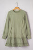 Solid Jacquard Patchwork Frilled Ruffled Long Sleeve Mini Dress