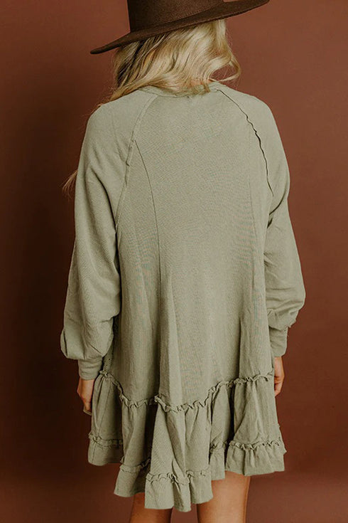 Solid Jacquard Patchwork Frilled Ruffled Long Sleeve Mini Dress