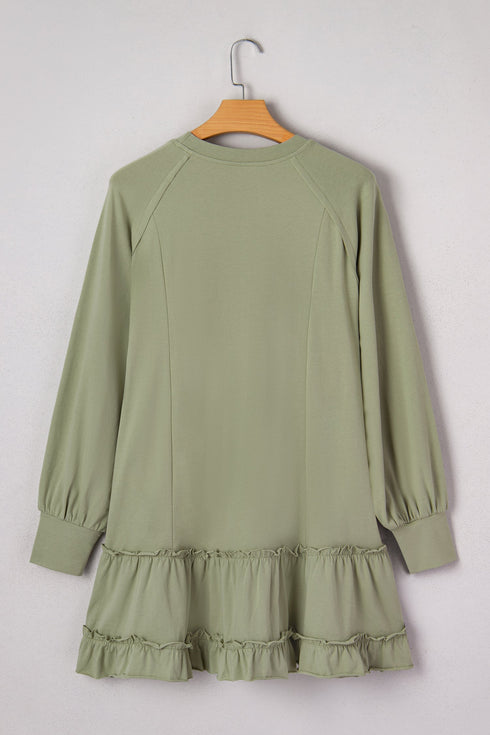 Solid Jacquard Patchwork Frilled Ruffled Long Sleeve Mini Dress