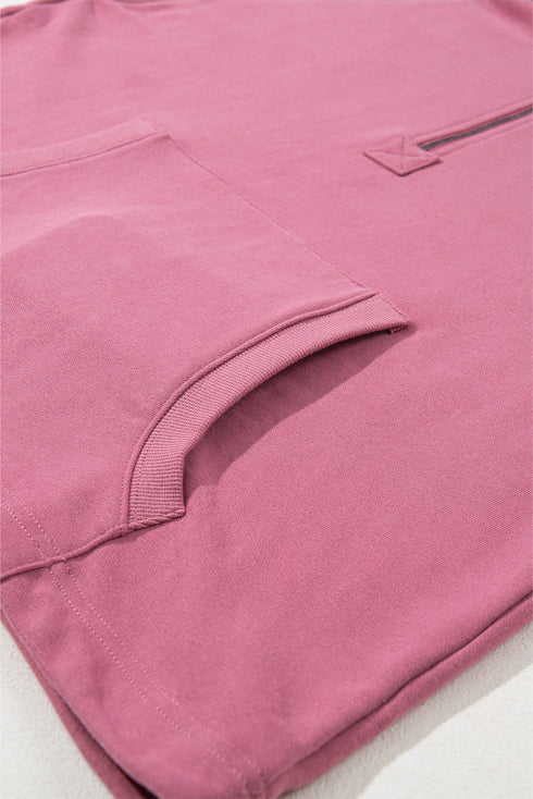 Solid Kangaroo Pocket Half Zipper Oversized Hoodie