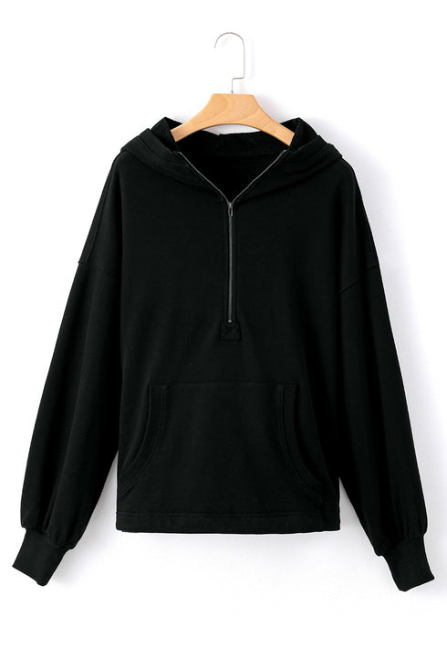 Solid Kangaroo Pocket Half Zipper Oversized Hoodie