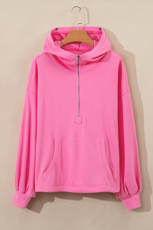Solid Kangaroo Pocket Half Zipper Oversized Hoodie