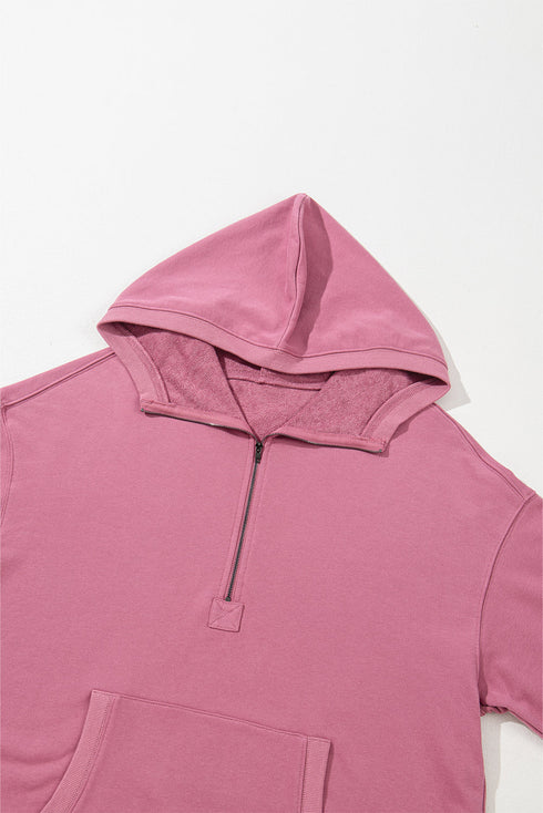 Solid Kangaroo Pocket Half Zipper Oversized Hoodie