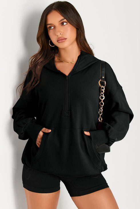 Solid Kangaroo Pocket Half Zipper Oversized Hoodie