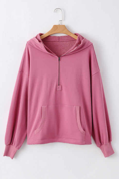Solid Kangaroo Pocket Half Zipper Oversized Hoodie