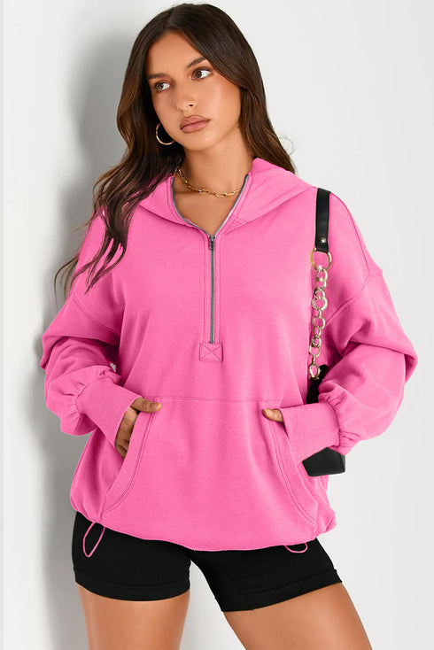 Solid Kangaroo Pocket Half Zipper Oversized Hoodie