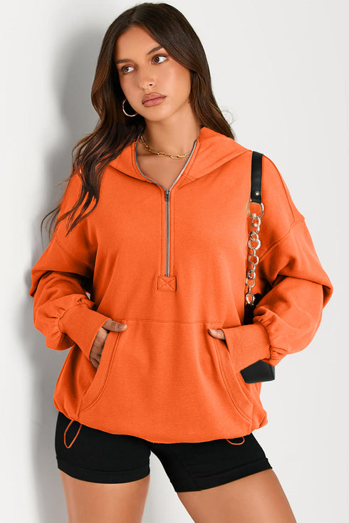 Solid Kangaroo Pocket Half Zipper Oversized Hoodie