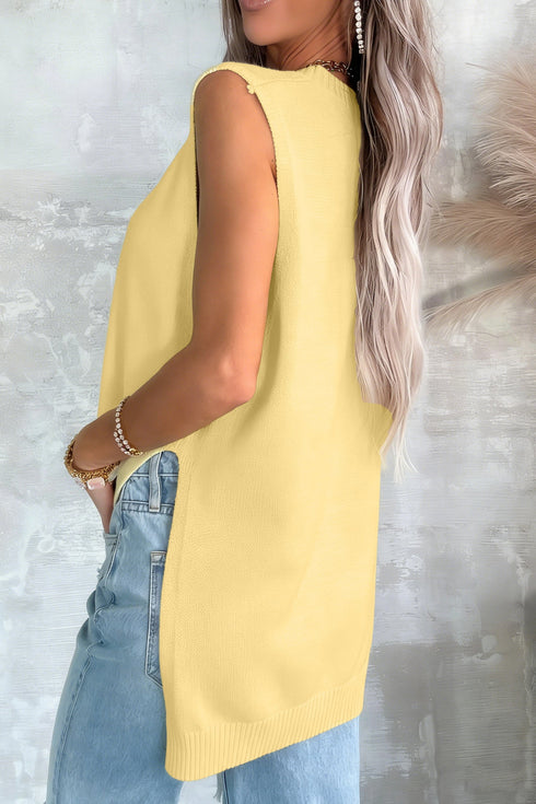 Solid Knit Large Armhole Side Slit Loose Sweater Vest