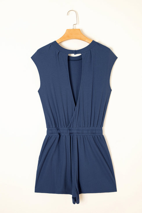 Solid Knit Open Back Cap Sleeve Drawstring Romper