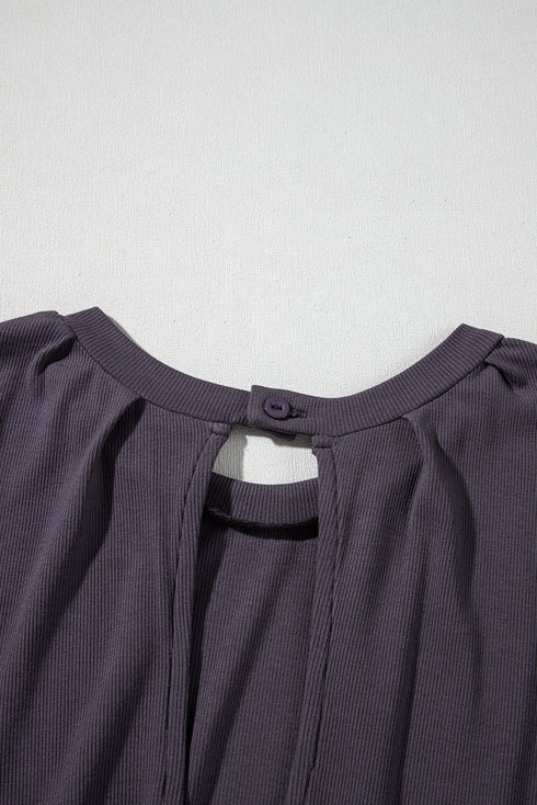 Solid Knit Open Back Cap Sleeve Drawstring Romper