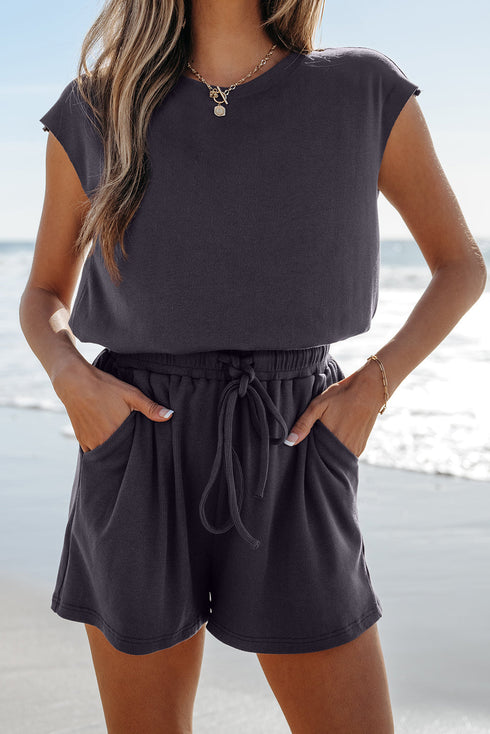 Solid Knit Open Back Cap Sleeve Drawstring Romper