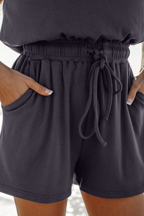 Solid Knit Open Back Cap Sleeve Drawstring Romper