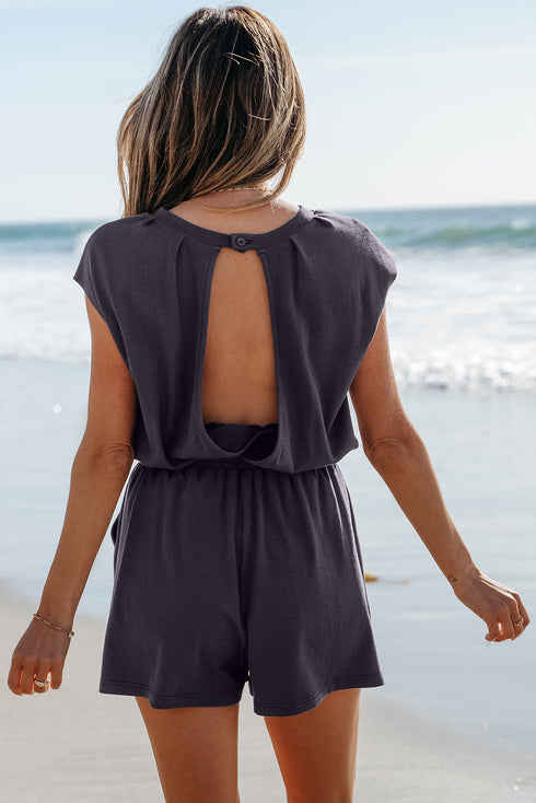 Solid Knit Open Back Cap Sleeve Drawstring Romper
