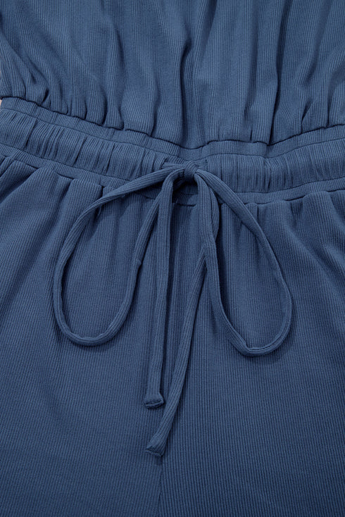 Solid Knit Open Back Cap Sleeve Drawstring Romper