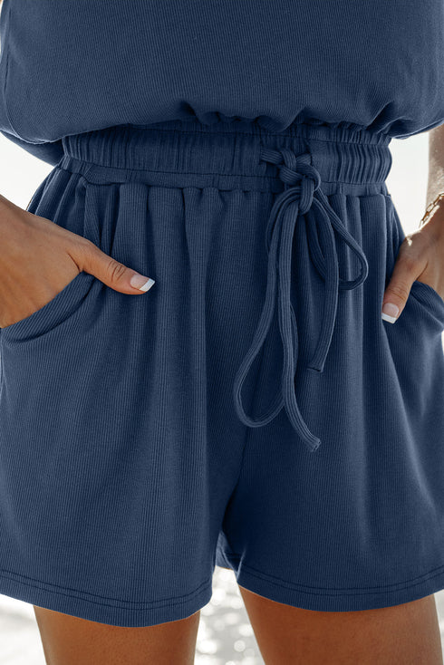 Solid Knit Open Back Cap Sleeve Drawstring Romper