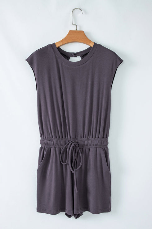 Solid Knit Open Back Cap Sleeve Drawstring Romper