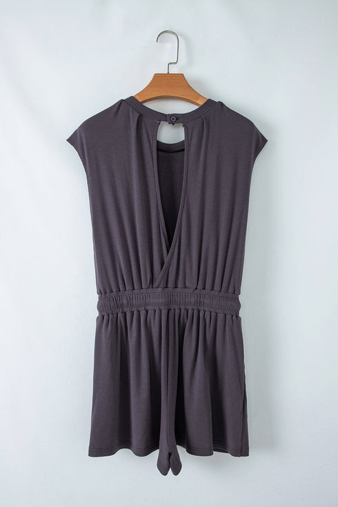 Solid Knit Open Back Cap Sleeve Drawstring Romper