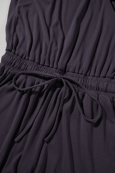 Solid Knit Open Back Cap Sleeve Drawstring Romper