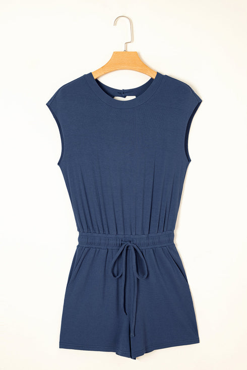 Solid Knit Open Back Cap Sleeve Drawstring Romper