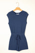 Solid Knit Open Back Cap Sleeve Drawstring Romper