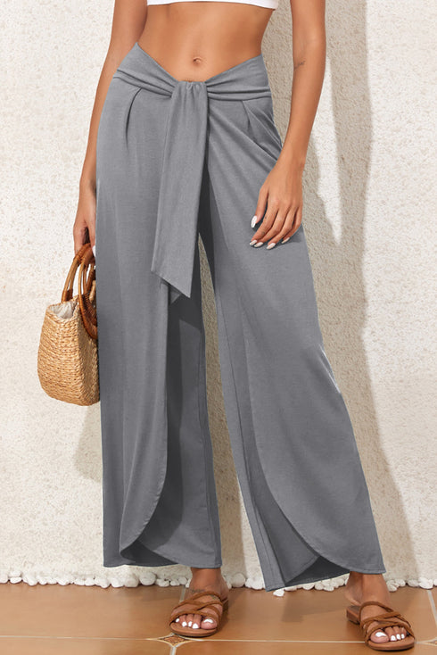 Solid Knotted Drop Waist Split Leg Relaxed Pants