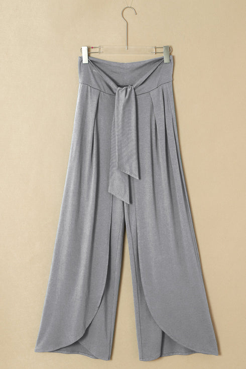 Solid Knotted Drop Waist Split Leg Relaxed Pants