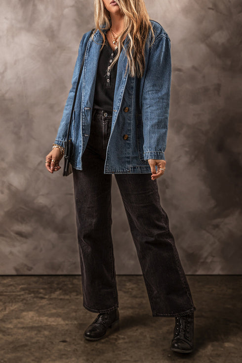 Solid Lapel Collar Side Pocket Casual Denim Jacket