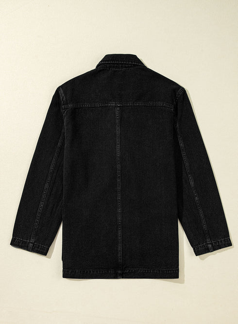 Solid Lapel Collar Side Pocket Casual Denim Jacket