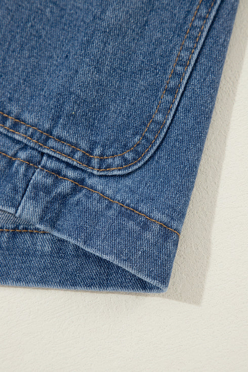 Solid Lapel Collar Side Pocket Casual Denim Jacket