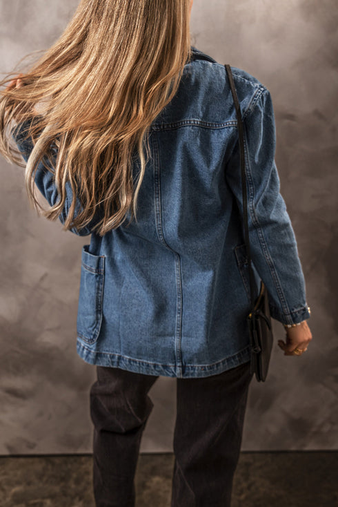 Solid Lapel Collar Side Pocket Casual Denim Jacket