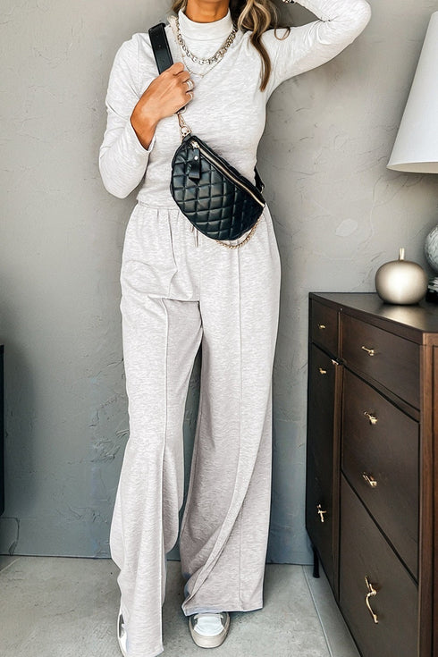 Solid Long Sleeve Mock Neck Smocked Wide Leg Pant Sets