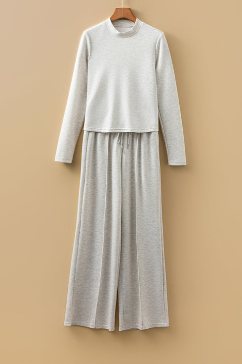 Solid Long Sleeve Mock Neck Smocked Wide Leg Pant Sets