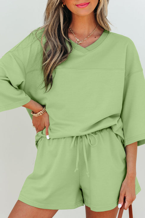 Solid Loose Casual V Neck Half Sleeve Short Sets