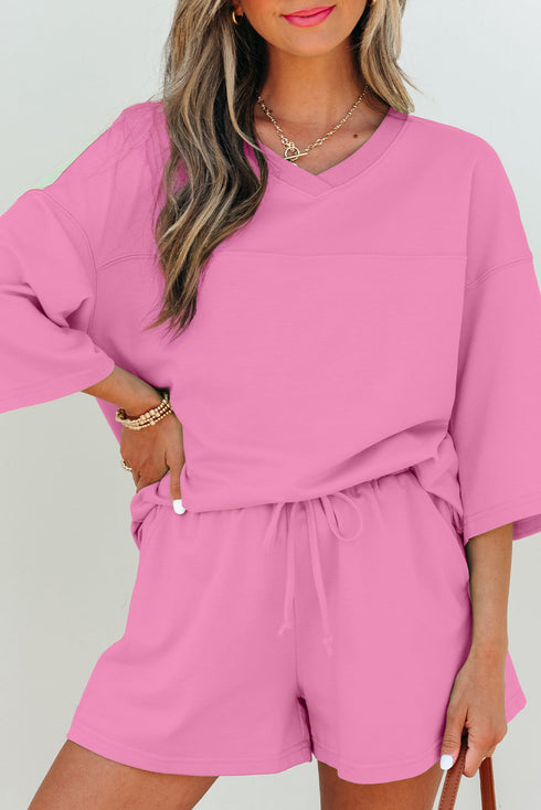 Solid Loose Casual V Neck Half Sleeve Short Sets