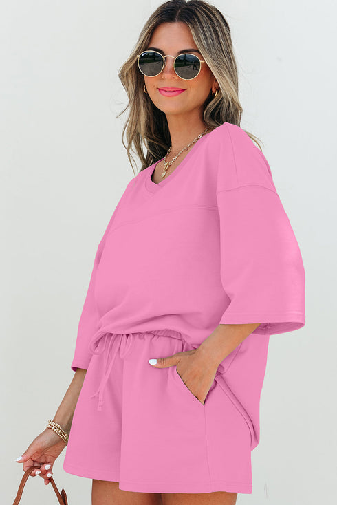 Solid Loose Casual V Neck Half Sleeve Short Sets