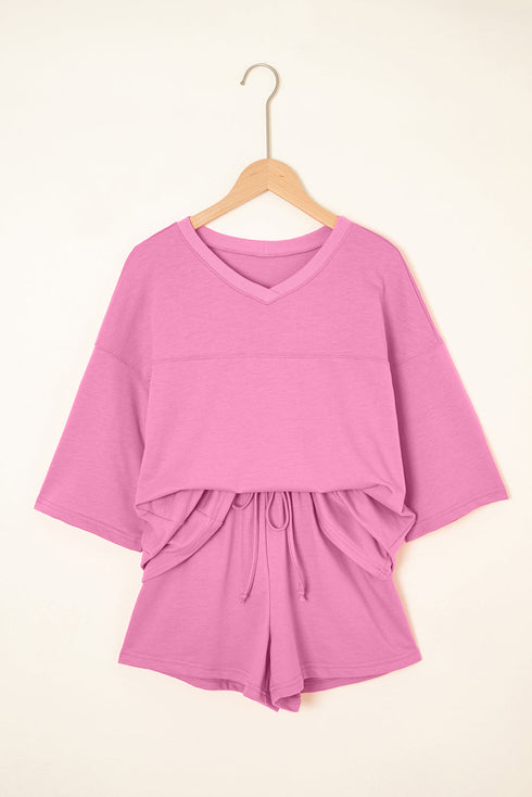 Solid Loose Casual V Neck Half Sleeve Short Sets