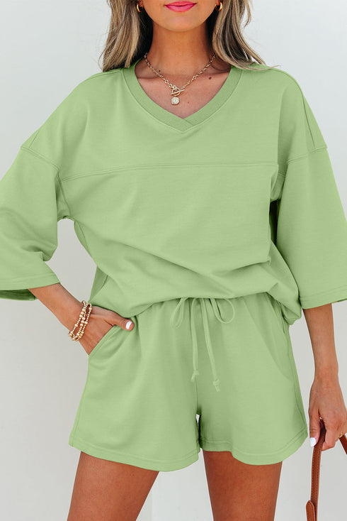 Solid Loose Casual V Neck Half Sleeve Short Sets