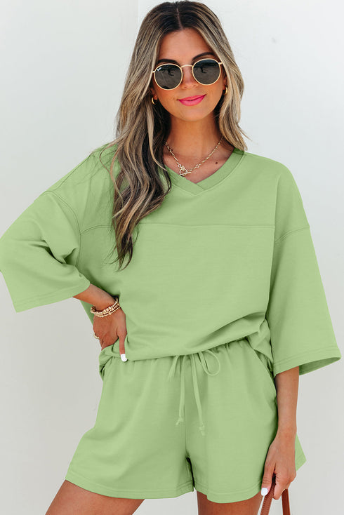 Solid Loose Casual V Neck Half Sleeve Short Sets