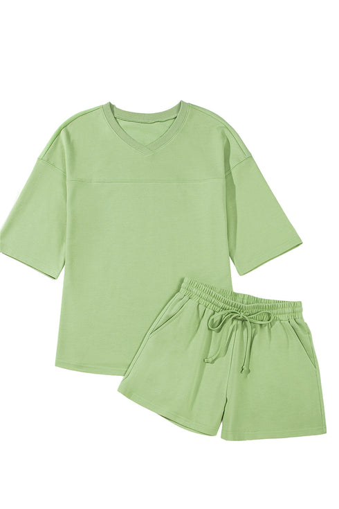 Solid Loose Casual V Neck Half Sleeve Short Sets